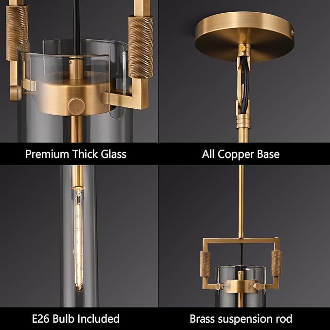 Brass Pendant Light Glass for Kitchen Island 1Pack , Gold Pendant Lights, Adjustable Hanging Chandelier with Glass Shade Modern Pendant Light Fixture for Farmhouse, Dining Room E26 Bulb Included