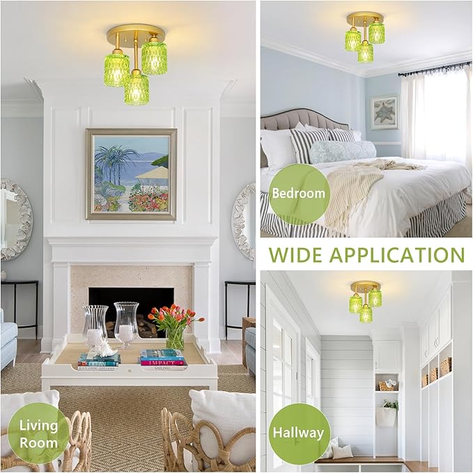 3-Light Semi Flush Mount Ceiling Light, Vintage Gold Kitchen Ceiling Light Fixture with Green Glass Shade, Mid Century Modern Close to Ceiling Lighting for Dining Room Hallway Entryway Bedroom