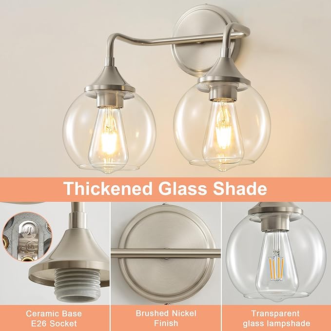 Bathroom Vanity Light with Clear Glass Shade, E26 Base, 2-Light Bathroom Light Fixtures Over Mirror, 14 Inch Vanity Lights for Bathroom (Exclude E26 Bulb) - Brushed Nickel