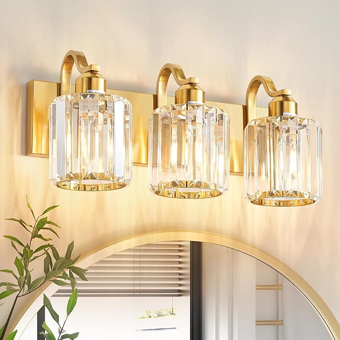 3-Light Gold Bathroom Light Fixtures,Modern Bathroom Vanity Lights Fixture with Clear Crystal Glass Shade, Modern Crystal 3 Lights Wall Sconce (Exclude Bulb)