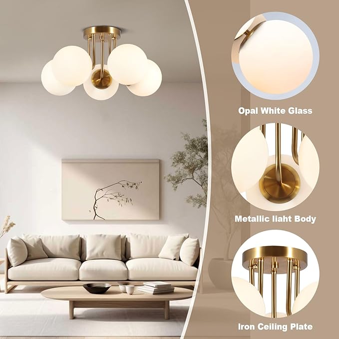 Bektas 5-Lights Semi Flush Mount Ceiling Light Fixture Brushed Gold Light Fixture Bend Modeling with Milk Glass Globe for Bedroom,Living Room,Dinning Room Foyer Hallway