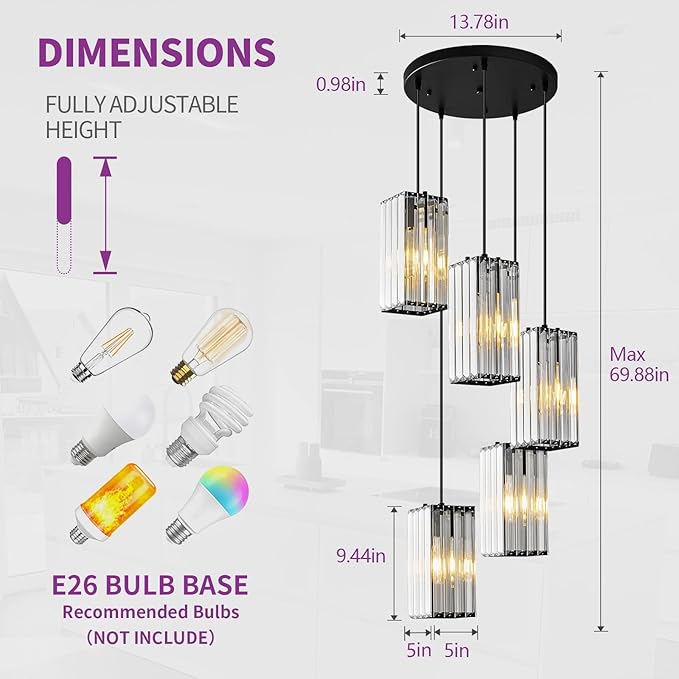 Modern Pendant Light Black Rectangle Pendant Lighting Mini Crystal Chandeliers Adjustable Pendant Light Fixture for Kitchen Island Dinning Room Living Room Corridor Bedroom(Black 5-Light)