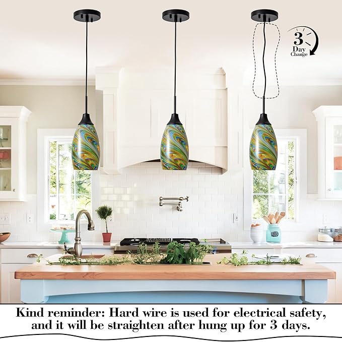 Viinew Mini Glass Pendant Light 4.72" Colorful Pattern Oval Pendant Lights 1-Pack Handblown Art Glass Hanging Pendant Light for Kitchen Island Dining Room Living Hallway Matte Black Metal