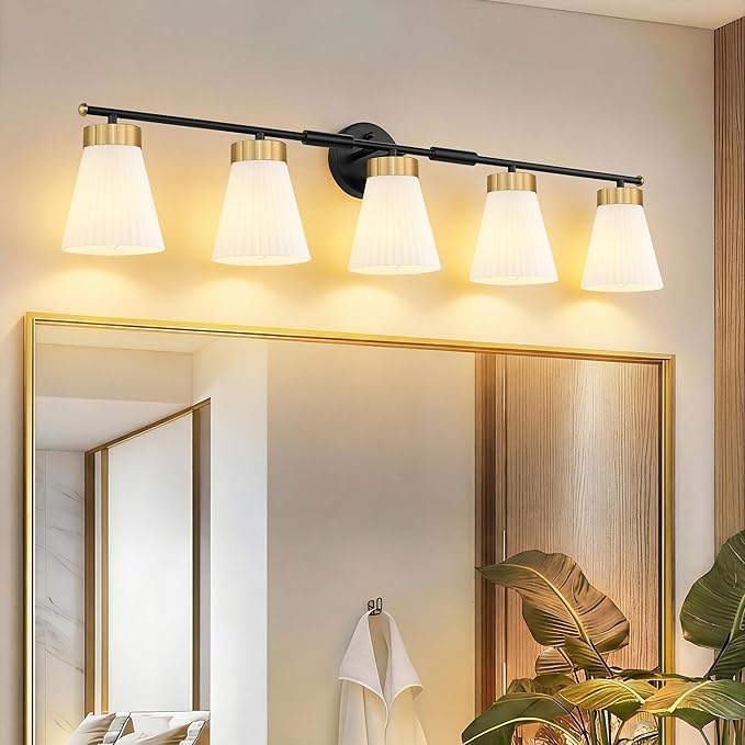 Bathroom Wall Sconces, HWH 5-Light Wall Mount Lighting Fixtures for Mirror, Modern Vanity Lights with Frosted Milk White Striped Glass, Black and Gold Finish, 5HZG97B-5W BK+BG
