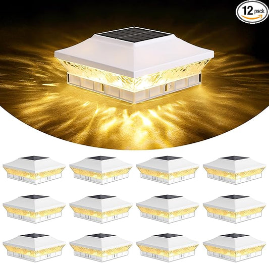 Brightever 4x4 3.5x3.5 Solar Post Cap Lights Outdoor, 12-Pack Solar Fence Post Lights for Wooden/Vinyl Posts, 2 Modes (Warm/Cool White), Solar Powered Waterproof Deck Post Lights for Patio, White
