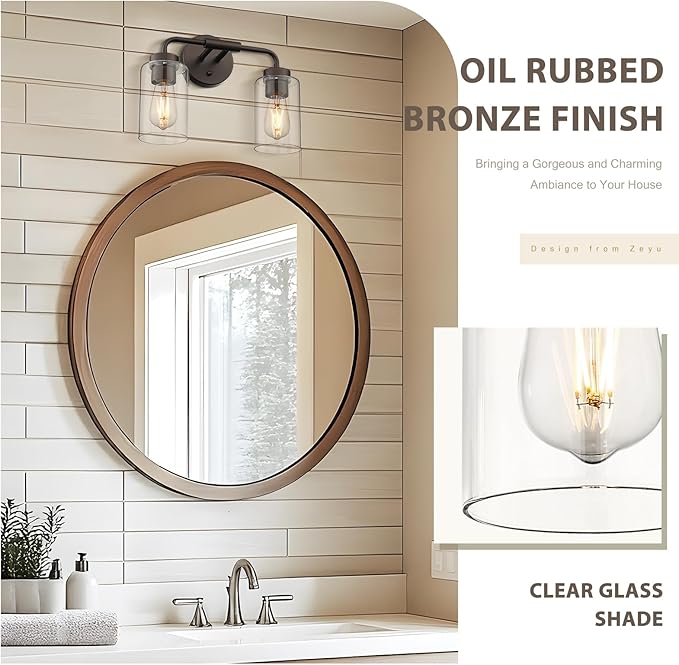 zeyu 2 Light Bathroom Vanity Light, Farmhouse Wall Sconce Lighting for Bathroom, Clear Glass Shade, Oil Rubbed Bronze Finish, ZS62B-2W ORB