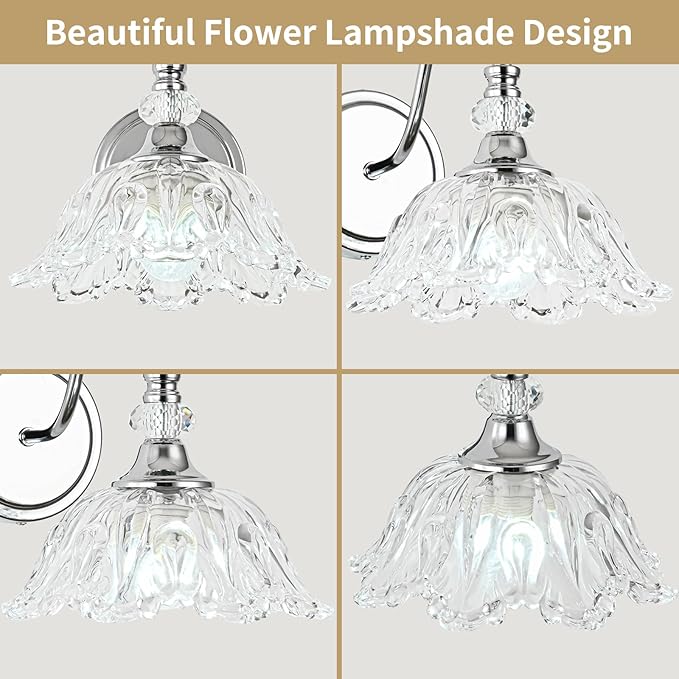 1 Piece Chrome Wall Sconce with Floral Clear Glass Shade, Modern Wall Mount Lighting for Bathroom,Modern Bathroom Vanity Light Fixture
