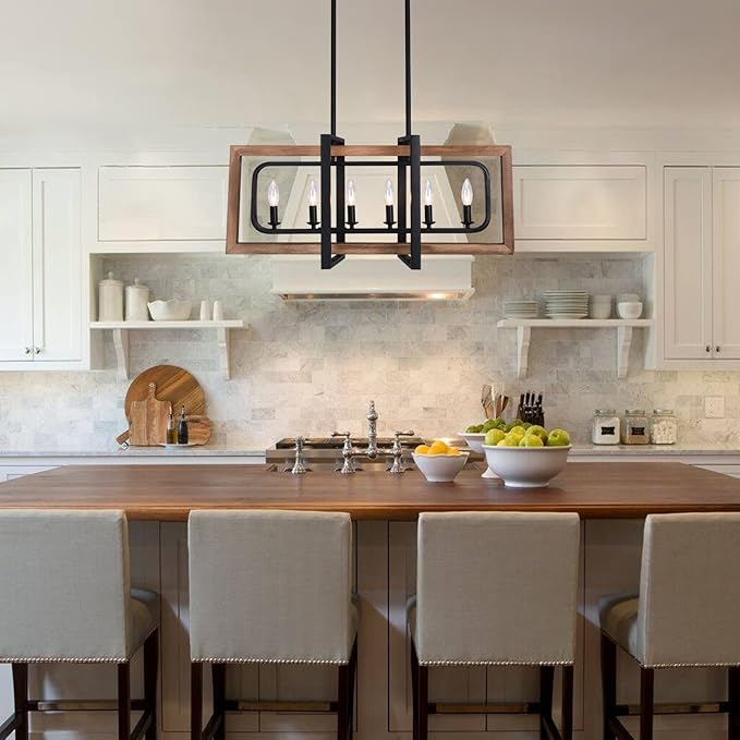 Farmhouse Chandelier Rustic Kitchen Island Light Fixture, Industrial Pendant Lighting Fixtures Wood and Metal for Dining Room Pool Table