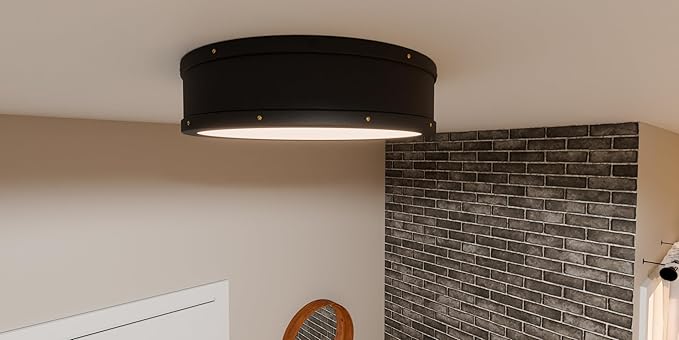 Ouoizel Ahoy Round Flush Mount Ceiling Light, 16 Inch Matte Black Drum Light with Metal Shade, 33 W LED, 2605 Lumens, Close to Ceiling Light Fixtures for Home, Kitchen or Office Lighting