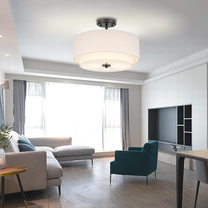 3-Light Semi Flush Mount Ceiling Light, 16" Drum Light with White Fabric Shade, Modern Close to Ceiling Lamp for Living Room Bedroom Dining Kitchen Hallway Entry (Matte Black)