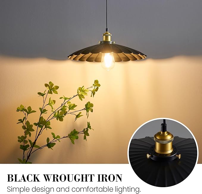 2Pack Hanging Lamp, Metal Pleated Lampshade Pendant Lighting for Kitchen Island Black Pendant Light Fixture 15.7 Inch Hanging Pendant Light 6.5Ft Height Adjustable