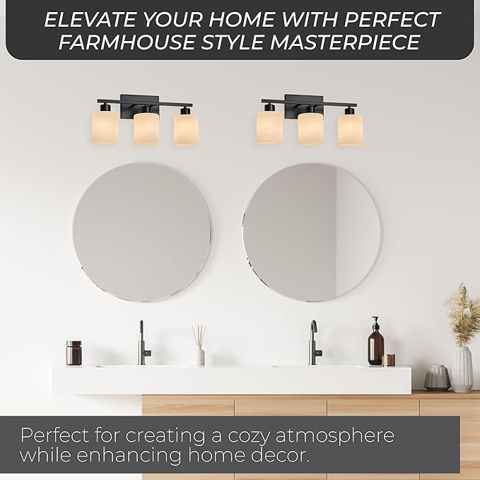 The Door Bull Modern Bathroom Vanity Light, Milky White Glass Shades, Wall Sconce for Bedroom & Living Room, E26 Socket, Over Mirror Lighting Fixture (Matte Black, 3 Lights)