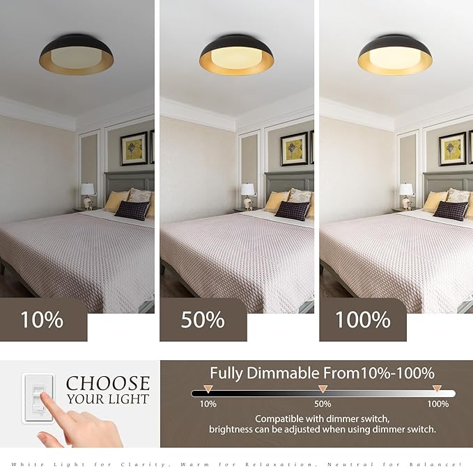 15in LED Flush Mount Ceiling Light, 28W Dimmable Ceiling Light Fixtures with Frosted Glass, Black and Gold Finish Modern Ceiling Light for Bedroom Kitchen Living Room, 3CCT, OS-DY2001-BK