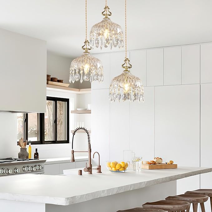 3-Light Pendant Light Fixtures Brass Vintage Glass Pendant Lights Crystal Hanging Light Fixtures,Adjustable Height Pendant Lighting for Dining Room Living Room Bedroom Hallway(Round Chassis)