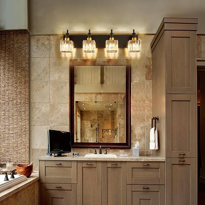 Gold Black Crystal Bathroom Lighting Fixtures, 4 Light Brass Modern Crystal Bathroom Vanity Lights Over Mirror Brass Bath Light