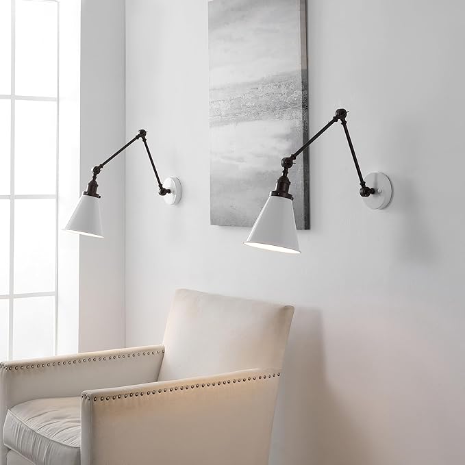 JONATHAN Y 7" White/Oil Rubbed Bronze Classic Industrial Metal Adjustable Arm LED Wall Sconce for Bedside Reading, Farmhouse Swing Arm Wall Lamp with Metal Shade, Hardwired (JYL7462C-SET2)