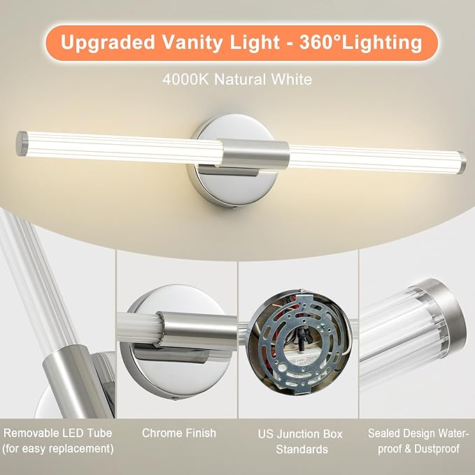 Bathroom Vanity Lights Chrome Dimmable LED 360° Full Lighting Bathroom Light Fixtures Over Mirror 24 inch Vanity Light Bar Hardwired Modern Wall Sconce 4000K Light for Bedroom Living Room