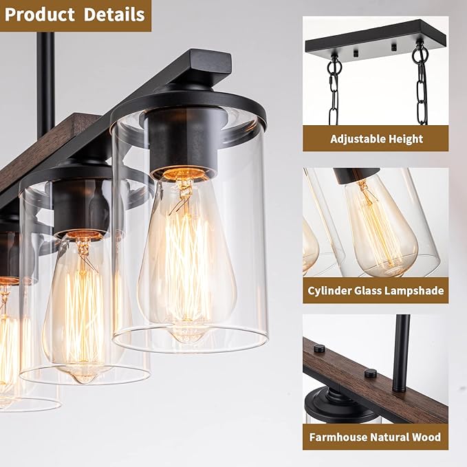 Farmhouse Dining Room Light Fixture, 2026 Upgrade 5-Light Pendant Lights Kitchen Island Lighting, 32.4" Black Farmhouse Chandeliers for Dining Room Chandelier Over Table with Wood Clear Glass Shade