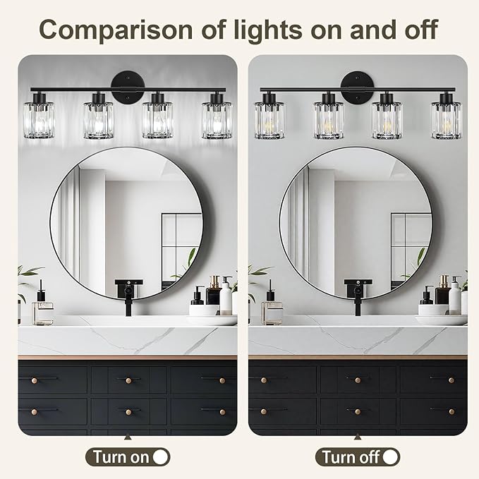 Crystal Bathroom Light Fixtures, Bathroom Lighting Fixtures Over Mirror, Modern Black 4-Light Vanity Lights for Mirror, Restroom, Bedroom (Ceramic E26 Socket,Bulbs Not Include)