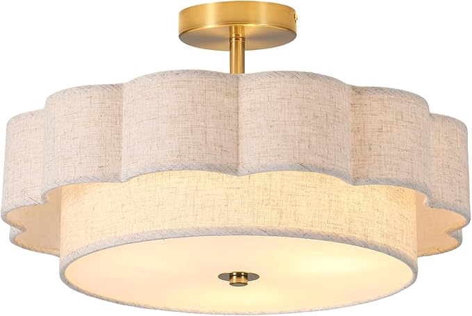 17.7" Modern Drum Semi Flush Mount Ceiling Light,3-Lights White Drum Ceiling Lighting Fixture,Vintage 2-Layer Linen Ceiling Lamp for Dining Room,Kitchen, Basement, Bedroom, Laundry Room