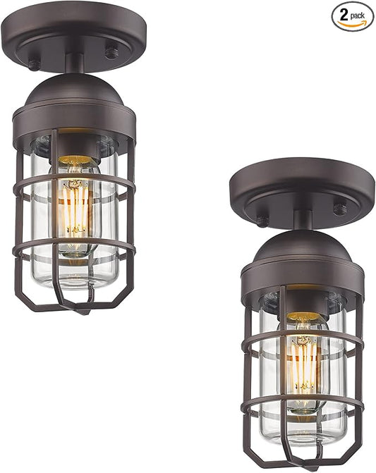 Emliviar 2 Pack Farmhouse Semi Flush Mount Ceiling Lights, Small Ceiling Lights for Porch, Clear Tempered Glass in Oil Rubbed Bronze Finish, GE255F-2PK ORB