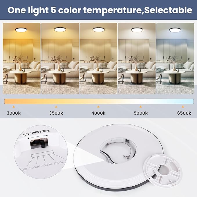 NIORSUN 12 inch Flush Mount LED Ceiling Light Fixture, 5CCT Adjustable Lights, Ultra Thin White Round Lamp, 24W Dimmable Light for Hallway, Kitchen, Bedroom, 1pack Black