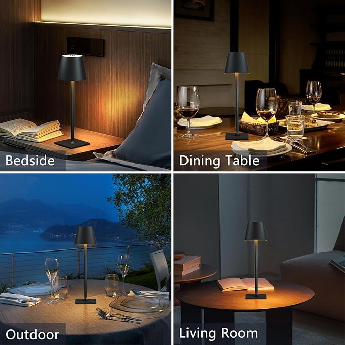 Fizrice 4 Pack Cordless Table Lamps, Portable Rechargeable Lamp, 6000mAh Battery Operated, 3 Color Dimmable LED Table Light for Restaurant/Bedroom/Outdoor Party/Camping/Cafe Night Light(Black)