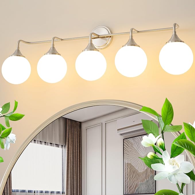 Brushed Nickel Vanity Lights Fixtures, 5-Light Bathroom Vanity Lighting Over Mirror, Modern Bathroom Wall Sconces with Milky White Glass Ball Shades