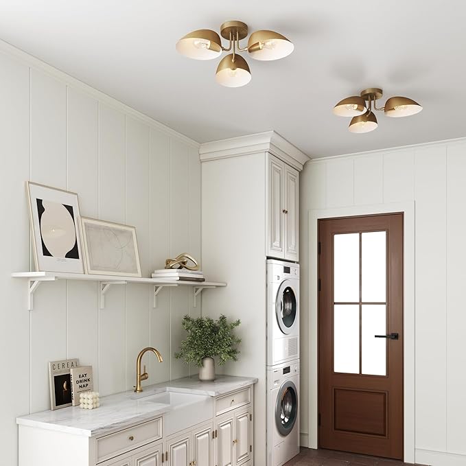Nathan James Argo Semi Mount Flush Ceiling Light, 3-Lights Modern Retro Lighting with Black Rounded Shades for Hallway, Dining Room and Bedroom, Vintaged Brass