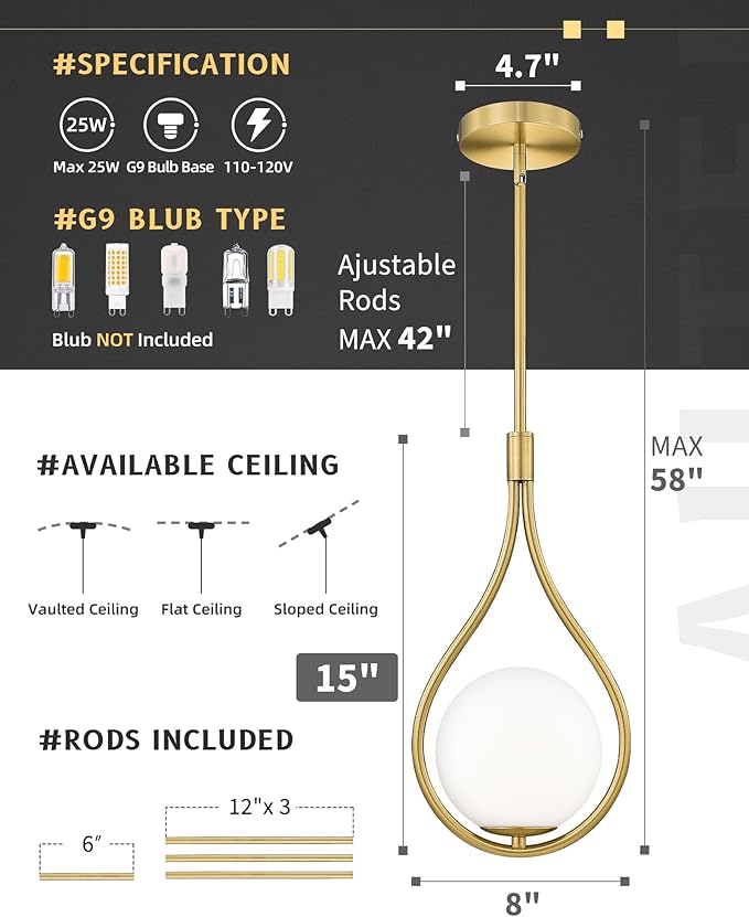 AUTELO Gold Pendant Lights, 1-Light Pendant Lights Kitchen Island in Brushed Gold Finish with Milky White Globe Glass, Mid Century Pendant Light Fixtures, Gold Hanging Lights for Kitchen H9377 MGBG