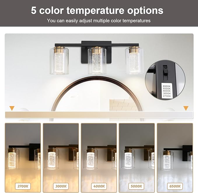 EMONG 3-Light Black&Gold Bathroom Light Fixtures,Dimmable 5CCT LED Vanity Lights with Clear Glass,2700K-6500K Adjustable Crystal Bubble Black Bathroom Vanity Light Over Mirror for Hallway