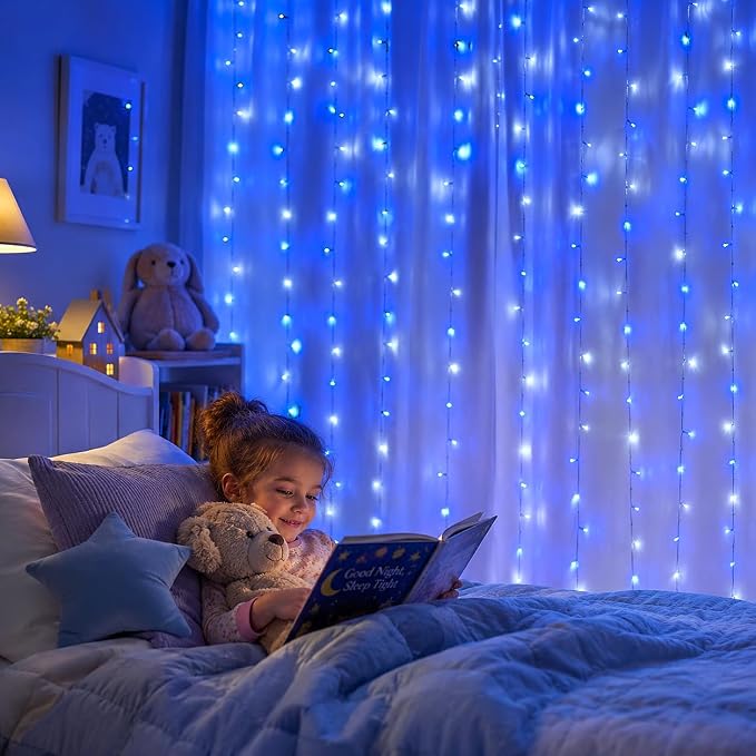 HEYFUNi Fiee Curtain Lights,304L 9.8ftX9.8ft 30V 8Modes Safety Window Lights for Home Wedding Christmas Party Patio Lawn Garden Bedroom Outdoor Indoor Wall Decorations (304LED, Blue+White)
