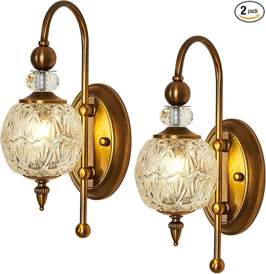 Piepooye Vintage Gold Wall Sconce Set of Two Mid Century Brushed Brass with Glass Globe Shade Vanity Light Indoor G9 Bulb Wall Light for Bathroom Farmhouse Bedroom Living Room Hallway