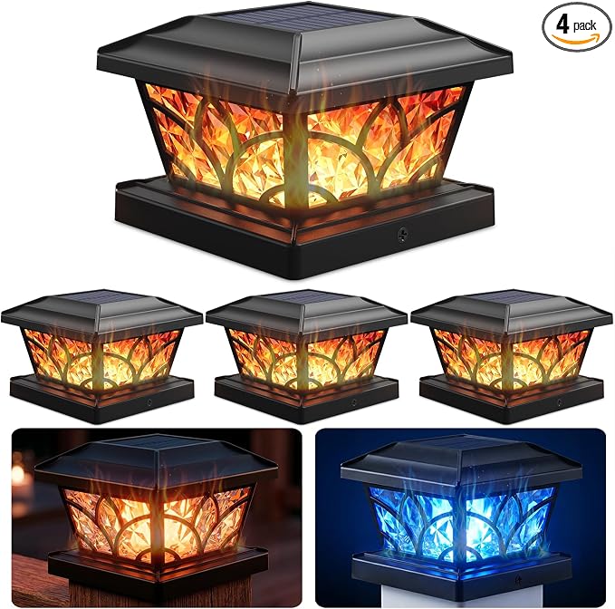 SIEDiNLAR Flickering Flame Solar Post Cap Lights 4 Modes 4 Pack, Upgrade Model for 4x4 5x5 6x6 Wood & Vinyl Posts, Waterproof Outdoor Fence Deck Patio Decor, Warm White/Blue Light (Black)