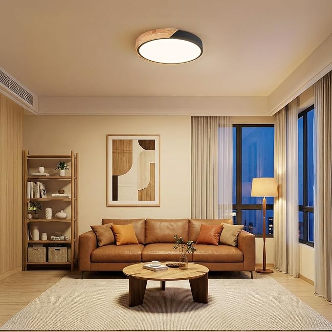 Modern LED Ceiling Light for Bedroom: Minimalist Wood Flush Mount Ceiling Light Fixture with Acrylic Lampshade - 3000K Not Dimmable Overhead Ceiling Lamps for kitchen hallway living room (11.8" Black)