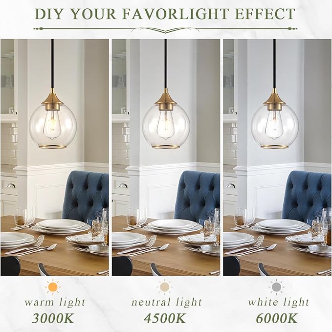 Pendant Lights Kitchen Island,Farmhouse Black and Gold Pendant Light with Clear Glass Globe Shade,6.29" Glass Pendant Light for Finish Farmhouse Entryway Dining Room Kitchen Island 1 Light