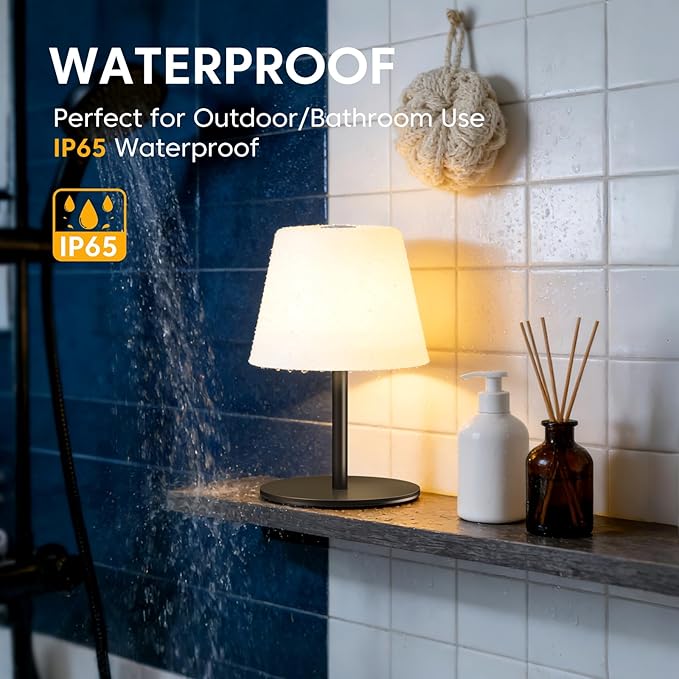 NEEZUKAR Cordless Table Lamp for Bedroom,Rechargeable IP65 Waterproof Shower Lamp with Battery Operated, Touch Dimmable LED Desk Light for Bathroom,Kitchen,Outdoor Patio (Black)