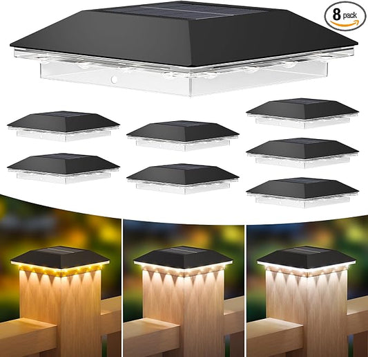 Mlambert 8 Pack Solar Post Cap Lights Outdoor - 3 Lighting Modes Waterproof LED Fence Deck Post Lights Fit 3.5x3.5 Wood/4x4 Vinyl Posts, Black