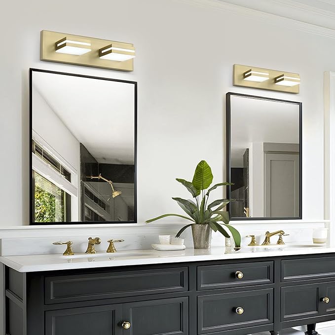 OKELI 2 Light Bathroom Vanity Light Gold Modern 16W LED Dimmable Vanity Light Over Mirror 350° Adjustable Lamp Head Cold White 6000K ETL Listed 15.5Inch