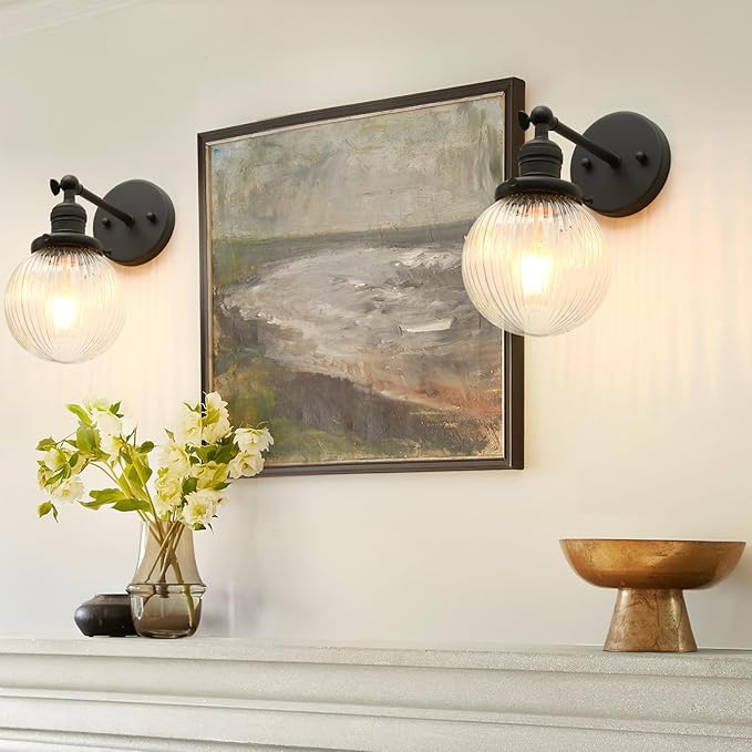 Phansthy 1-Light Wall Sconce, Brass Boho Bathroom Vanity Light, Modern Wall Light with Globe Glass Shade E26 Base, Adjustable Wall Lighting Fixtures for Bedroom, Living Room (Black, Striped Shade)