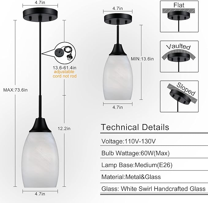 Viinew Mini Glass Pendant Light,1-Light Handblown White Oval Art Glass Hanging Pendant Light for Kitchen Island,Dining Room,Living,Foyer,Hallway, Entry Matte Black Metal
