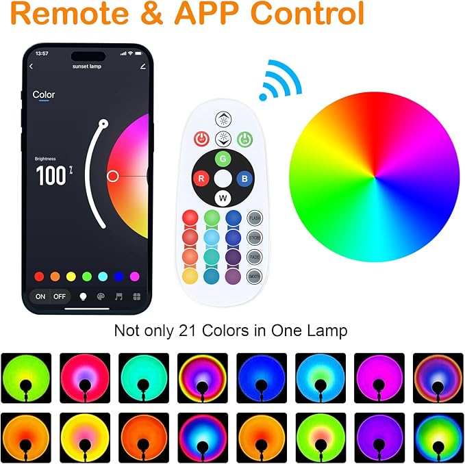 Sunset LED Lamp Projector, 21 Colors Changing App & Remote Control Mood lighting, Music Sync Ambiance Lighting, Sunset Lamp for Bedroom, Living Room, Aesthetic Room Decor, Birthday Gifts for Women