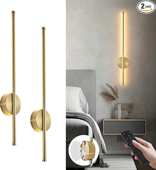 Battery Operated Modern Wall Sconces Set of Two,Rechargeable Wireless Wall Lights with Remote Control,Dimmable,3CCT,Timer,360°Rotation,Cordless Lighting for Bedroom,Living Room,Hallway,Brass,23.6 Inch