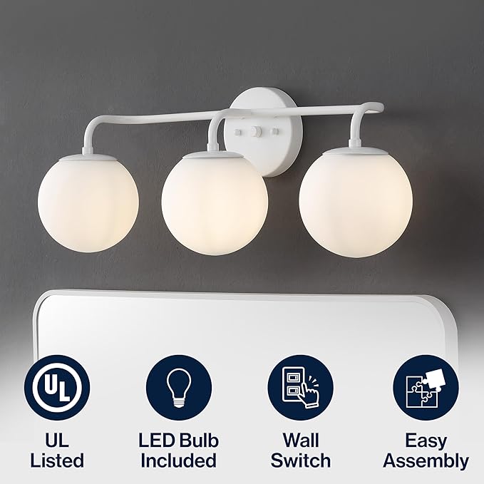 JONATHAN Y 25" White Modern Globe Wall Sconce Vanity Light for Bathroom, White Frosted Glass Shade, Midcentury Parisian Bistro Wall Lamp, LED Bulb Included (JYL3536D)