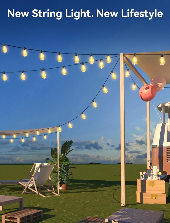 Brightever 60FT Solar String Lights Outdoor Waterproof, Patio Lights Solar Powered with Remote, 25+1 Shatterproof ST38 LED Bulbs 3 Lighting Modes, Dimmable Solar Lights for House, Market, Bistro