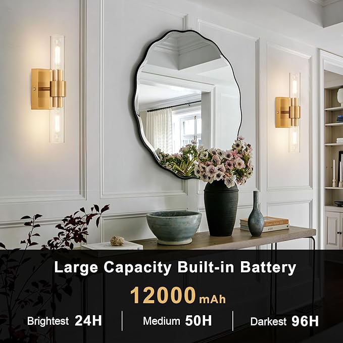 SANTOSTOCK Gold Battery Operated Wall Sconce Set of 2 with Remote Control, 12000mAh Rechargeable Wall Lights, Wireless Dimmable Wall Lamps for Bedroom Living Room Bathroom Hallway Entryway Stairwell