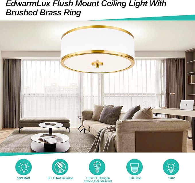 3-Light Flush Mount Ceiling Light Fixture, 12.6" Drum Light with White Fabric Shade, Modern Close to Ceiling Light for Living Room Bedroom Dining Room Kitchen Hallway Entry (Brushed Gold)