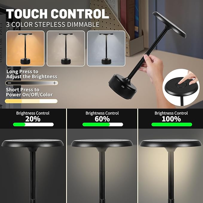 HAPYGI 5200mAh Rechargeable Cordless LED Table Lamps Touch Sensor Light, 3-Levels Portable Dimming Wireless Battery Operated Lamp,Night Light/Restaurant Table/Outdoor/Coffee/Bar (Black Set of 2)
