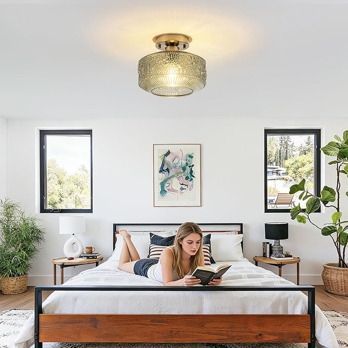Semi Flush Mount Ceiling Light, 9 Inch Modern Small Ceiling Light Fixture with Green Thickened Glass & Stone Floral Pattern, Bronze Base for Hallway Kitchen Bedroom Hotel Cafe