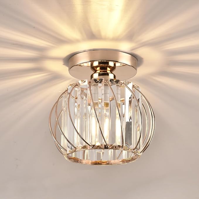 Crystal Ceiling Light, Crystal Semi Flush Mount Ceiling Light Gold Crystal Chandelier for Kitchen Hallway Entrance Balcony Dining Rooms Living Rooms Bar Farmhouse